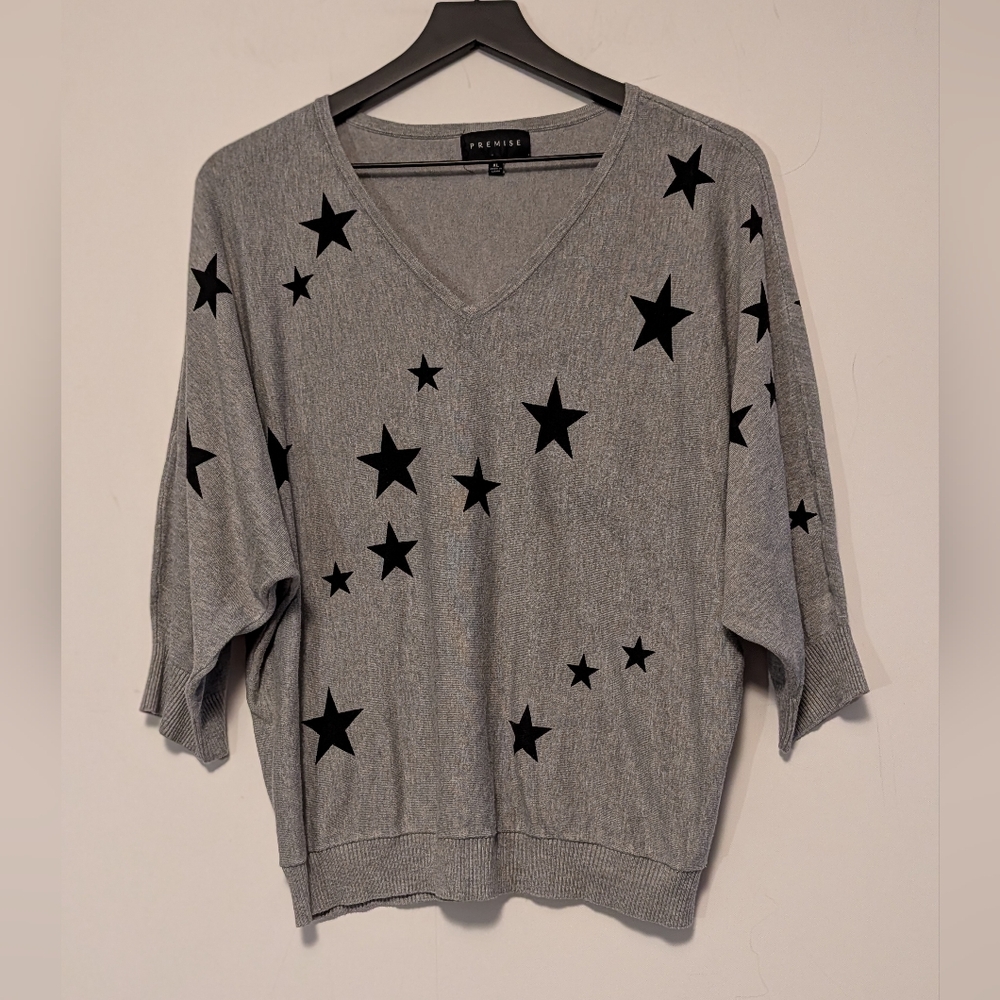 Premise XL Gray Black Star Print V Neck Dolman Sleeve Top Batwing Cozy Soft